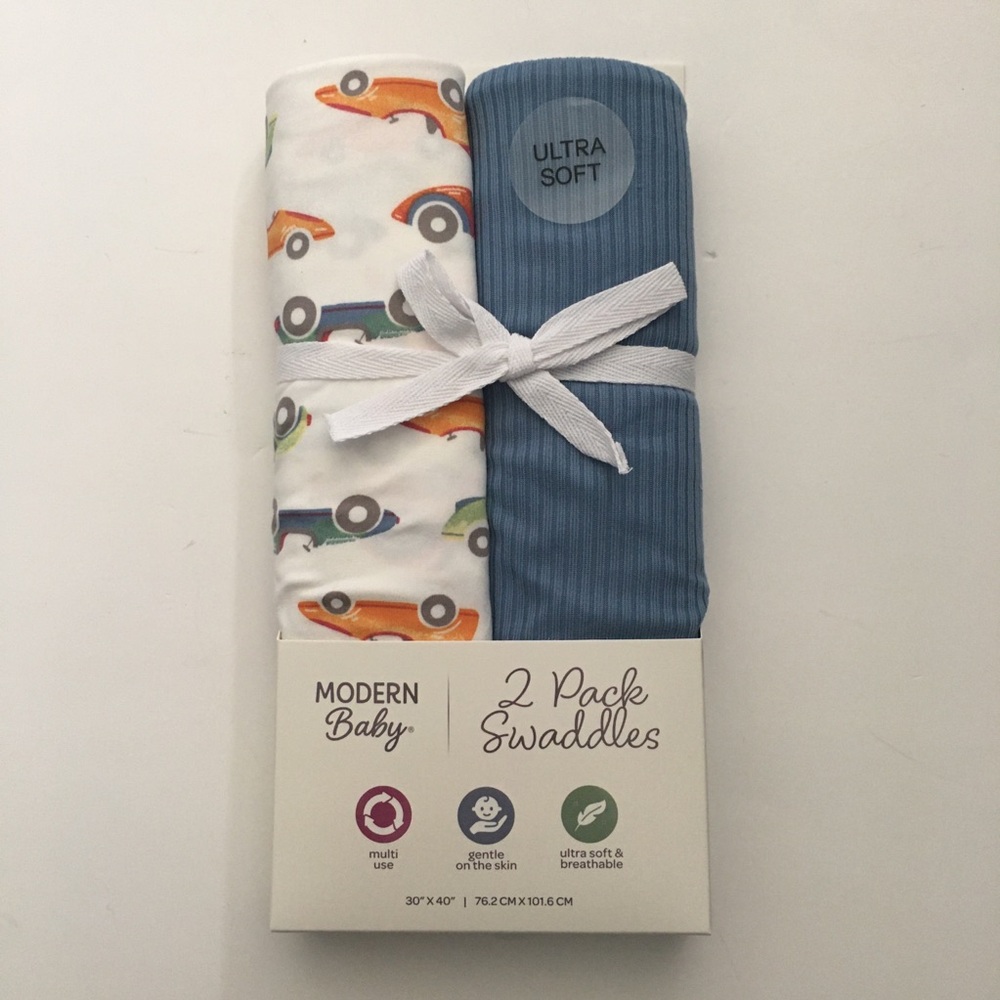 NEW Baby Blankets (0-3M) Car Print and Blue Solid | Modern Baby